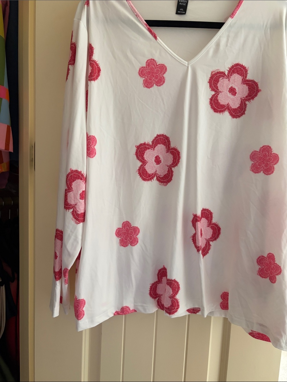 White V-Neck Long Sleeve Top with Pink Floral